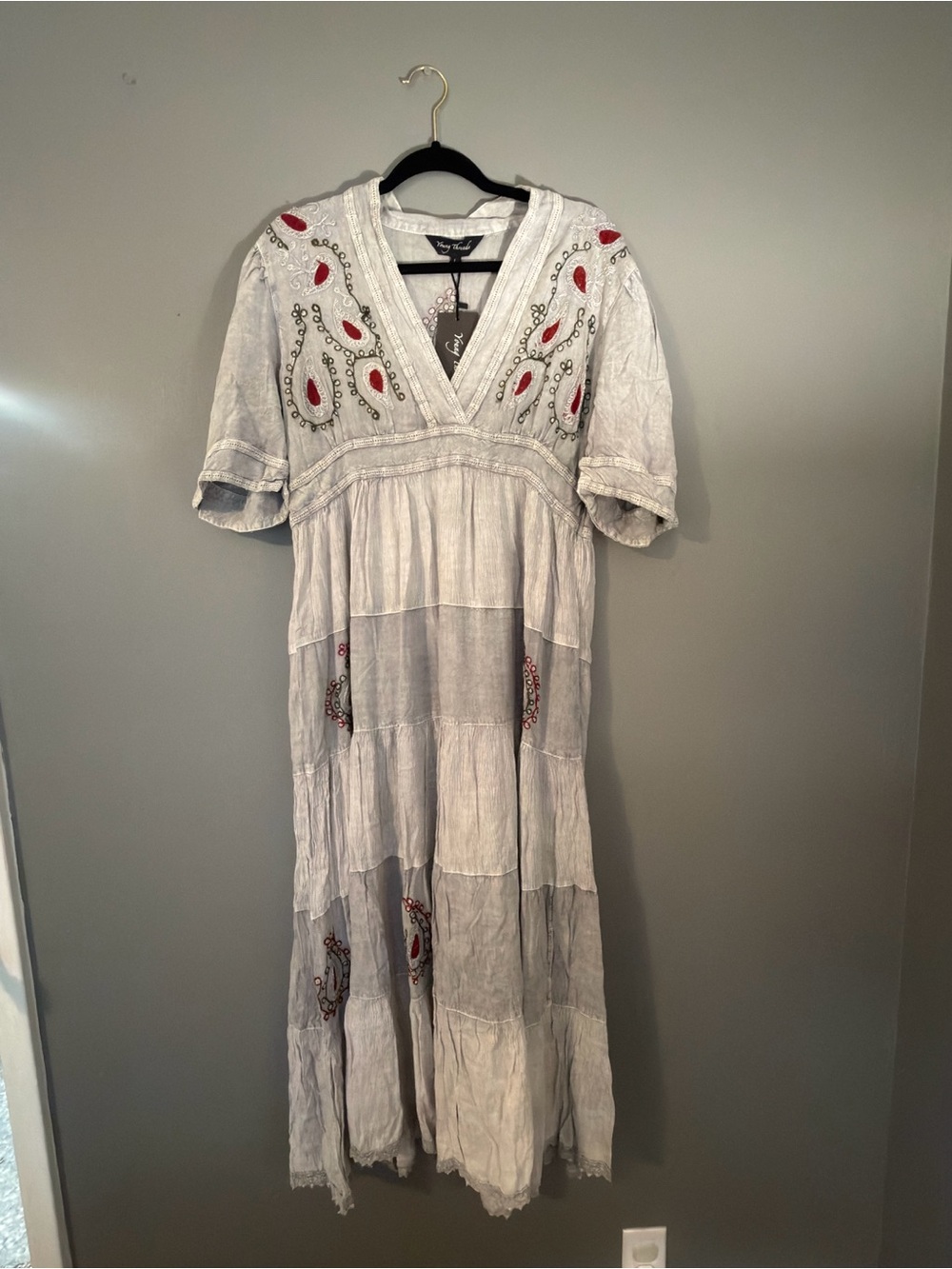 Light Gray Embroidered V-Neck Maxi Dress with Red Accents